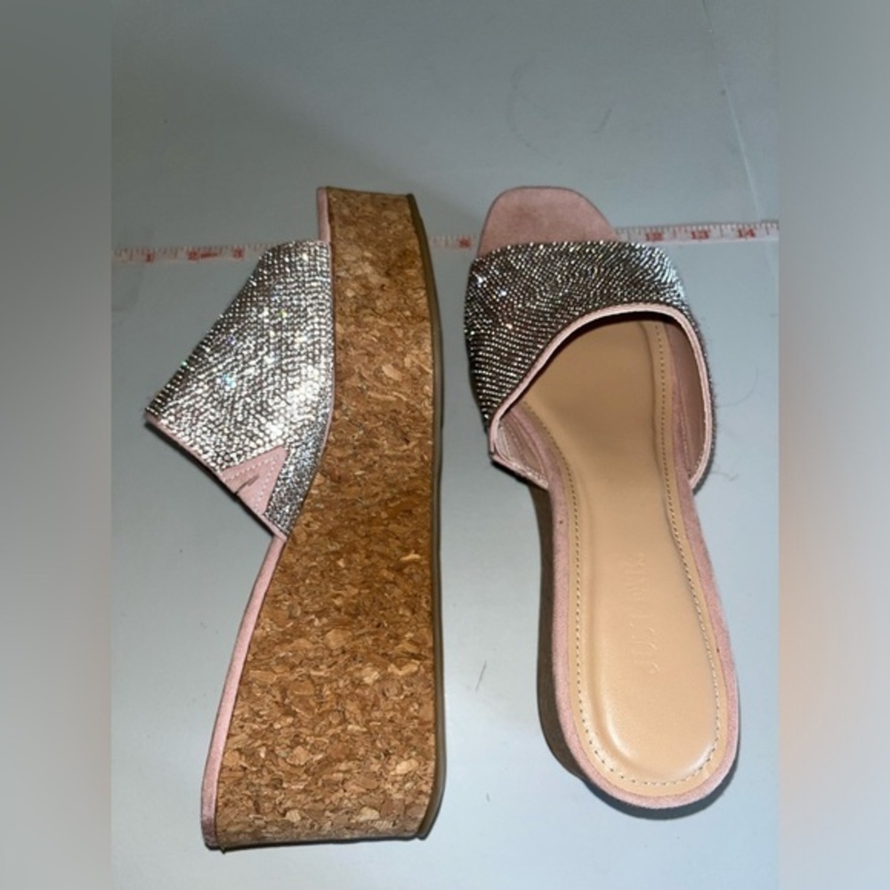 Just Fab Slides Platform Wedge Cork Heel Delia Slide Y2K Sandal Pink Glitter 10